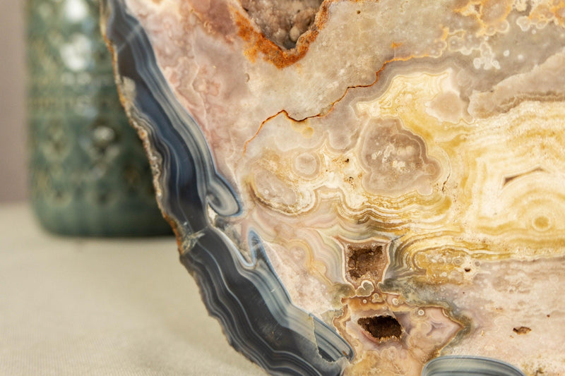 Blue Lace Agate with Pink Quartz Geode Slab, Rare collective