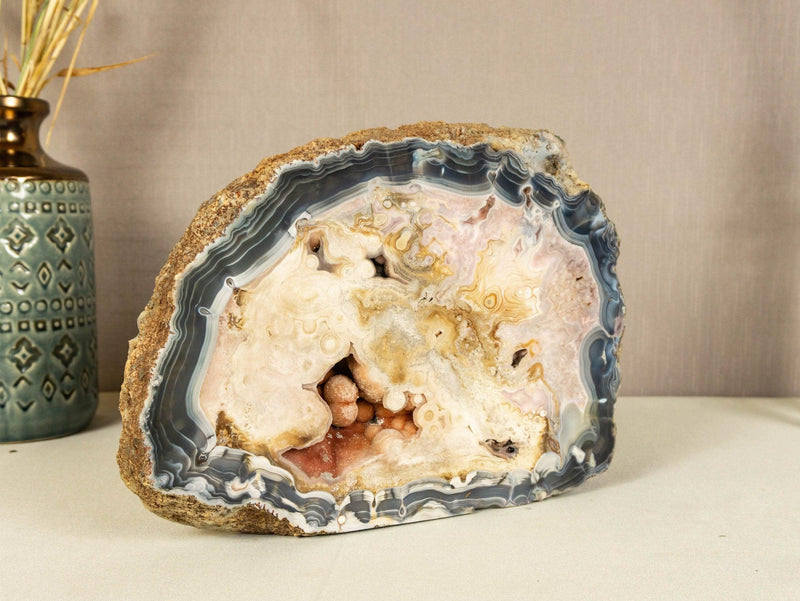 Blue Lace Agate with Pink Quartz Geode Slab, Rare collective