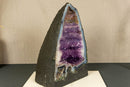 Pair of Amethyst Cathedral Geodes on Banded Agate, With Galaxy Druzy and Golden Ghoetite collective