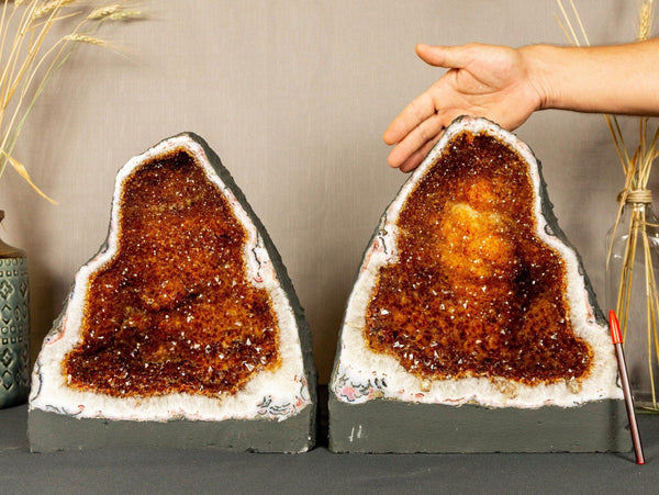 Pair of Citrine Cathedral Geodes with Stalactite Flowers, Aaa Grade Orange Citrine i_did