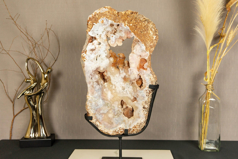 Tall Pink Amethyst Slab on Stand, Natural Rose Amethyst with Flowers collective