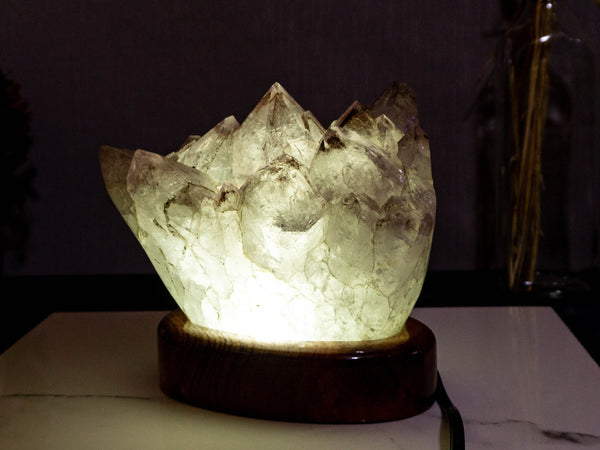 White Amethyst Table Lamp with Goethite, Bespoke made with LED light collective