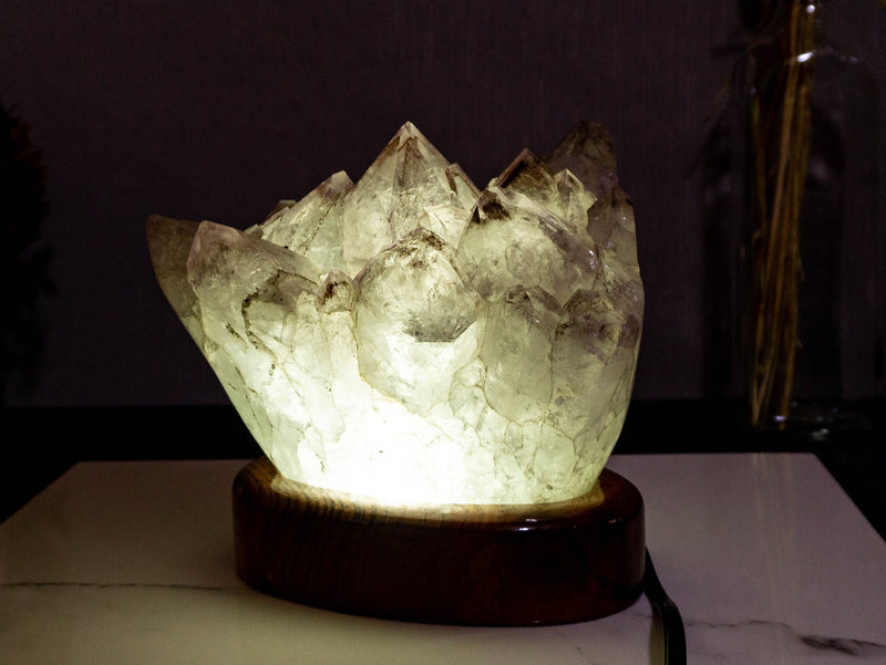 White Amethyst Table Lamp with Goethite, Bespoke made with LED light collective