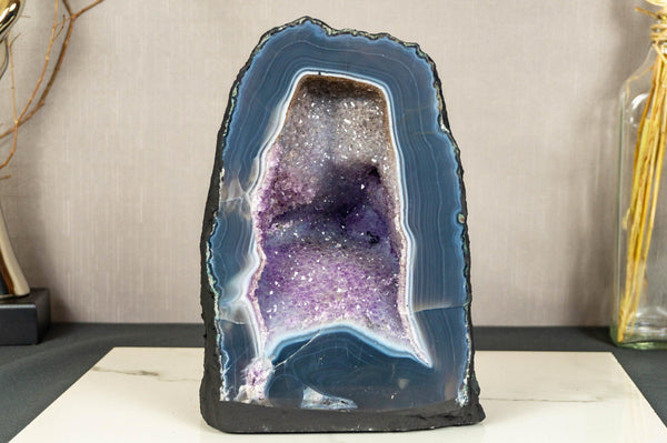 Amethyst Geode with Banded Agate Cathedral and Goethite Inclusions collective