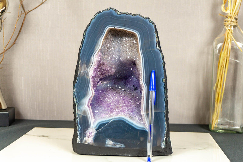 Amethyst Geode with Banded Agate Cathedral and Goethite Inclusions collective