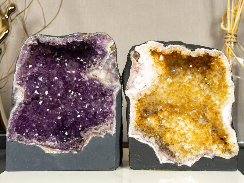Pair of Amethyst and Citrine Cathedral Geodes collective