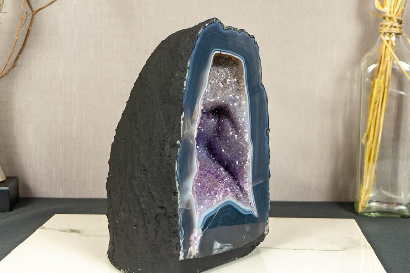 Amethyst Geode with Banded Agate Cathedral and Goethite Inclusions collective