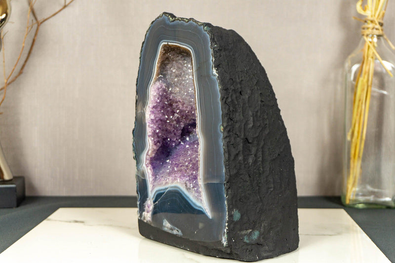 Amethyst Geode with Banded Agate Cathedral and Goethite Inclusions collective