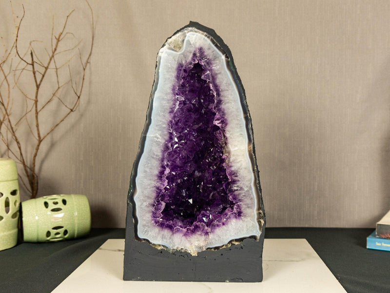 Tall Amethyst Geode Cathedral with Banded Agate, Deep Purple Amethyst collective