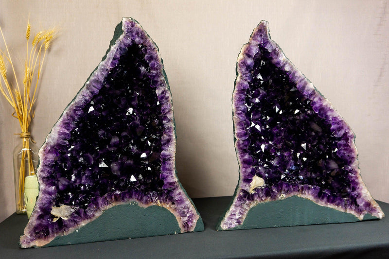 Pair of Aaa Amethyst Cathedral Geodes with Golden Goetite collective
