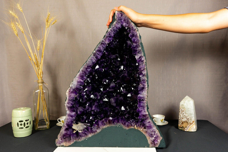Pair of Aaa Amethyst Cathedral Geodes with Golden Goetite collective