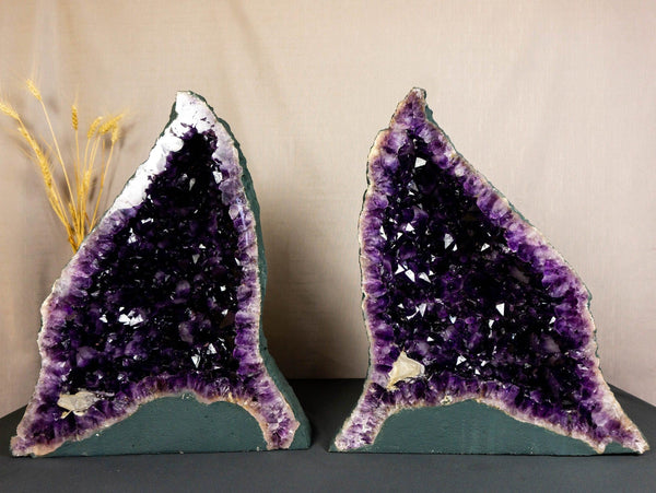 Pair of Aaa Amethyst Cathedral Geodes with Golden Goetite collective