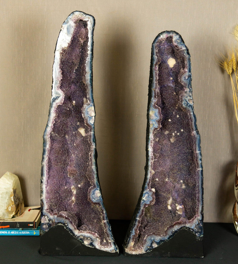 Pair of Museum Grade Amethyst Cathedral Geodes with Galaxy Druzy (Sugar Coat) collective