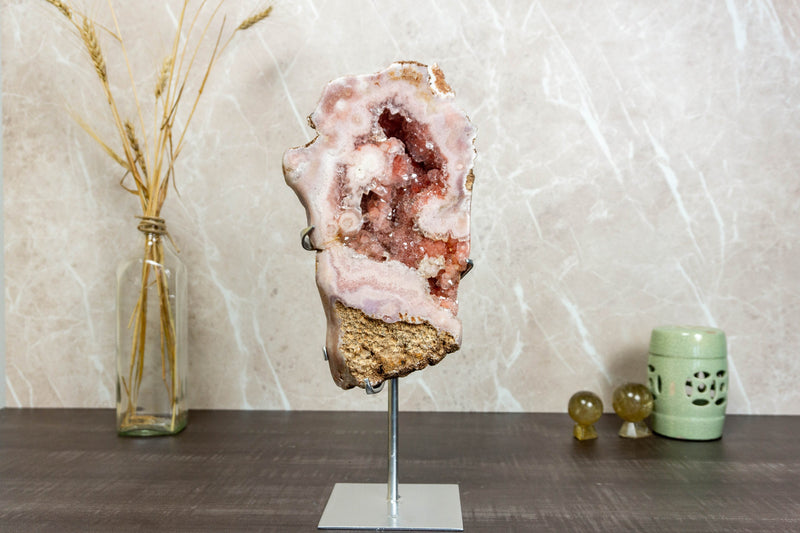 Aaa Pink Amethyst Geode Slab on Stand with Pink Amethyst Druzy collective