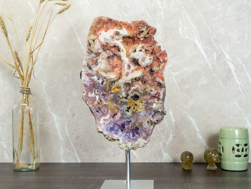 Rare Multicolored Pink Amethyst Geode Slab on Stand collective