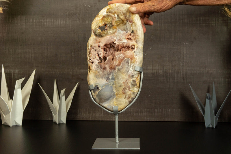 Pink Amethyst Geode Slab with Pink Druzy on Stand collective