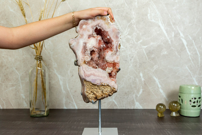 Aaa Pink Amethyst Geode Slab on Stand with Pink Amethyst Druzy collective