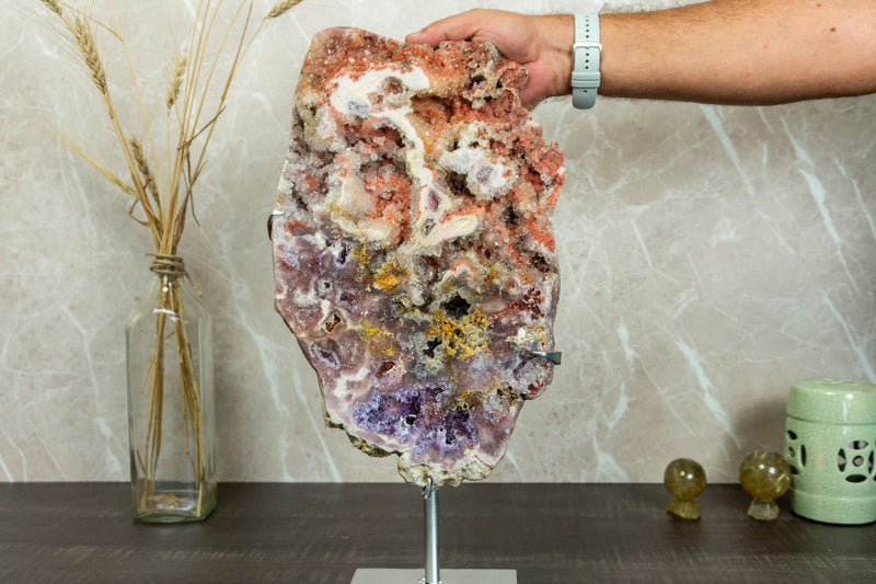 Rare Multicolored Pink Amethyst Geode Slab on Stand collective