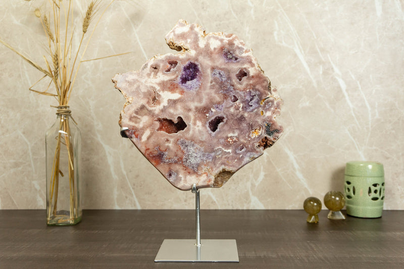 Aaa Pink Amethyst Geode Slab on Stand with Pink Amethyst Druzy collective