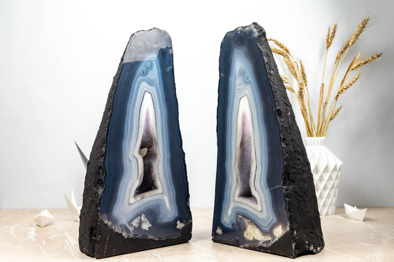 Blue Banded Agate Geodes with Amethyst Druzy 3/3 collective