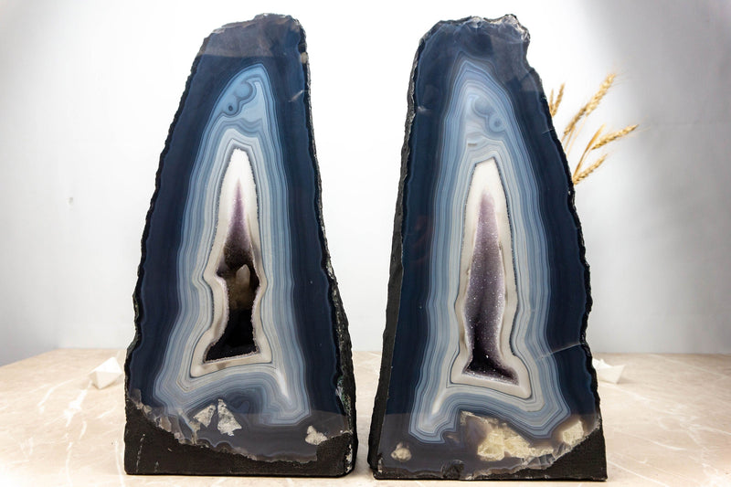 Pair of Blue Banded Agate Geodes with Amethyst Druzy 2/3 collective