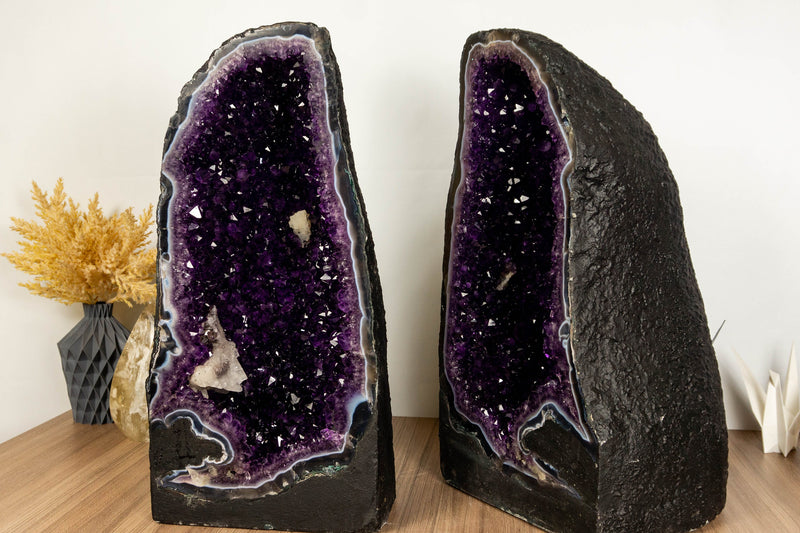 Pair of Rare Agate Amethyst Cathedral Geodes on Banded Agate, Museum Grade Aaa collective