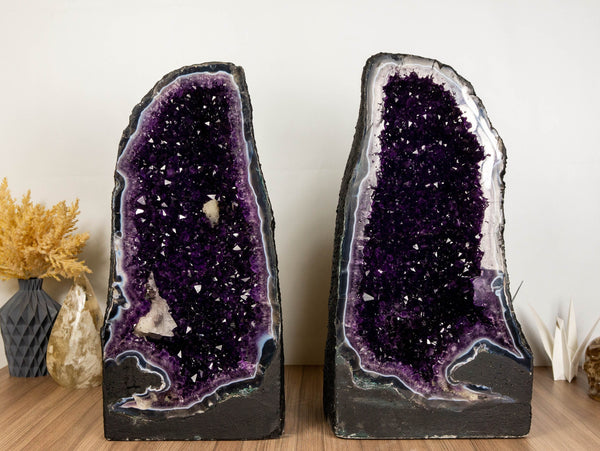Pair of Rare Agate Amethyst Cathedral Geodes on Banded Agate, Museum Grade Aaa collective