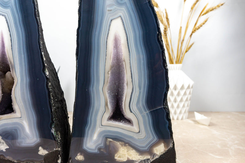 Blue Banded Agate Geodes with Amethyst Druzy 3/3 collective