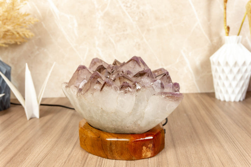 White Amethyst Table Lamp with Goethite, Bespoke made with LED light collective