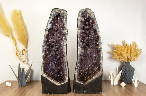 Pair of World Class Amethyst Geodes, with Stalactites covered in Galaxy Druzy collective