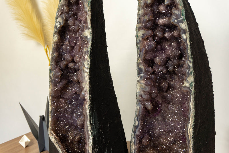 Pair of World Class Amethyst Geodes, with Stalactites covered in Galaxy Druzy collective