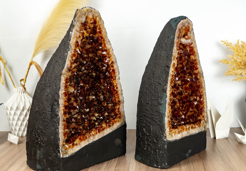 Pair of Large Citrine Cathedral Geodes with Deep Orange Citrine Druzy collective