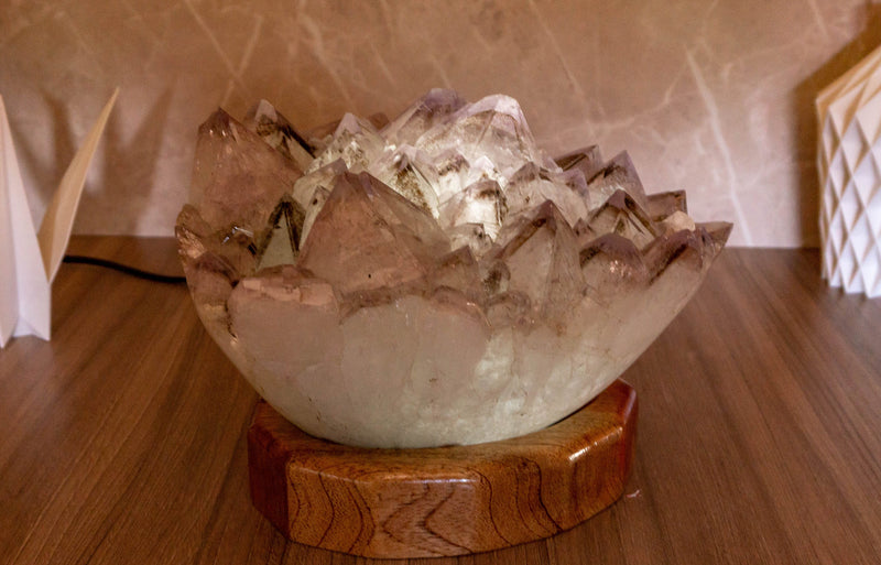 White Amethyst Table Lamp with Goethite, Bespoke made with LED light collective