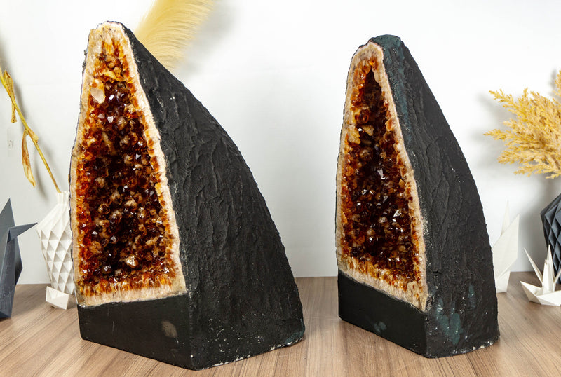 Pair of Large Citrine Cathedral Geodes with Deep Orange Citrine Druzy collective