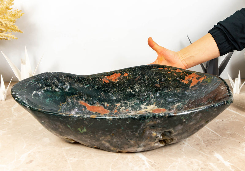 Handgeschnitzte große grüne Jaspisschale, Aufsatzwaschbecken