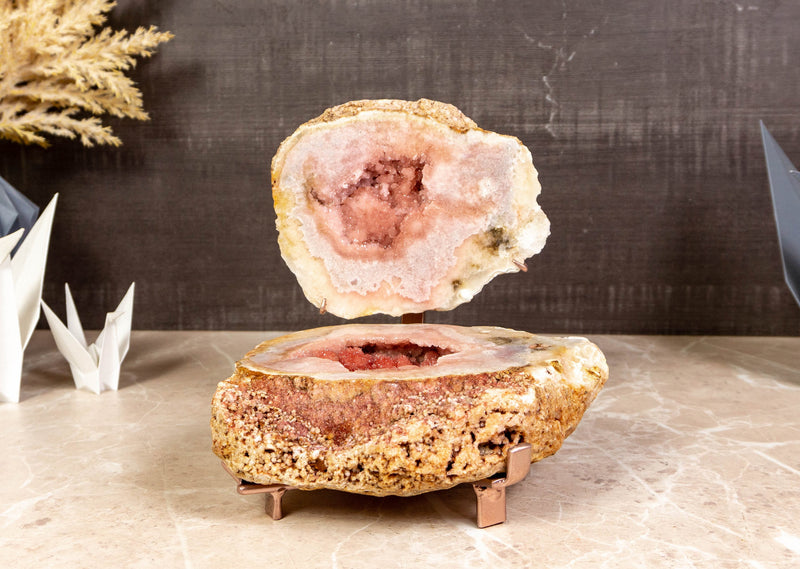 All Natural Red and Pink Amethyst Small Geode on Stand with Galaxy (Sugar Coat) Druzy