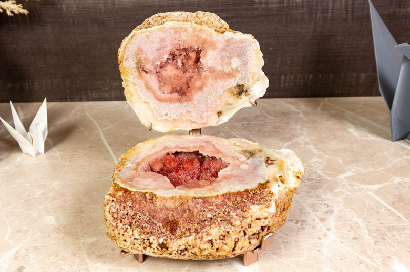 All Natural Red and Pink Amethyst Small Geode on Stand with Galaxy (Sugar Coat) Druzy