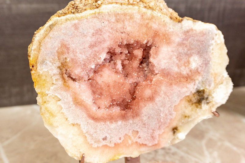 All Natural Red and Pink Amethyst Small Geode on Stand with Galaxy (Sugar Coat) Druzy