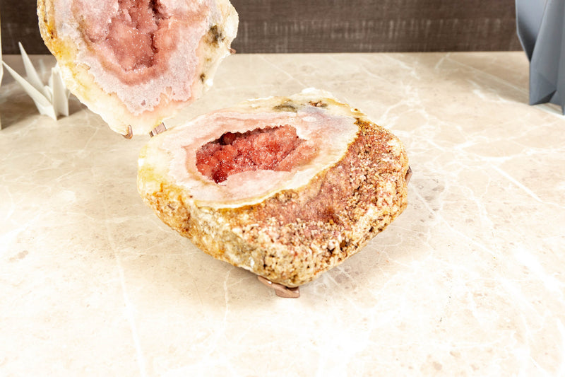 All Natural Red and Pink Amethyst Small Geode on Stand with Galaxy (Sugar Coat) Druzy