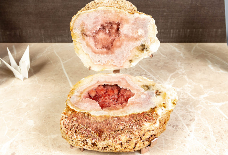 All Natural Red and Pink Amethyst Small Geode on Stand with Galaxy (Sugar Coat) Druzy