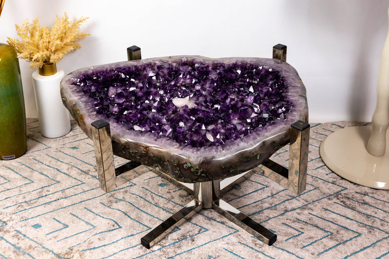 Amethyst Coffee Table on Handmade Inox Base with Amethyst Crystal Geode