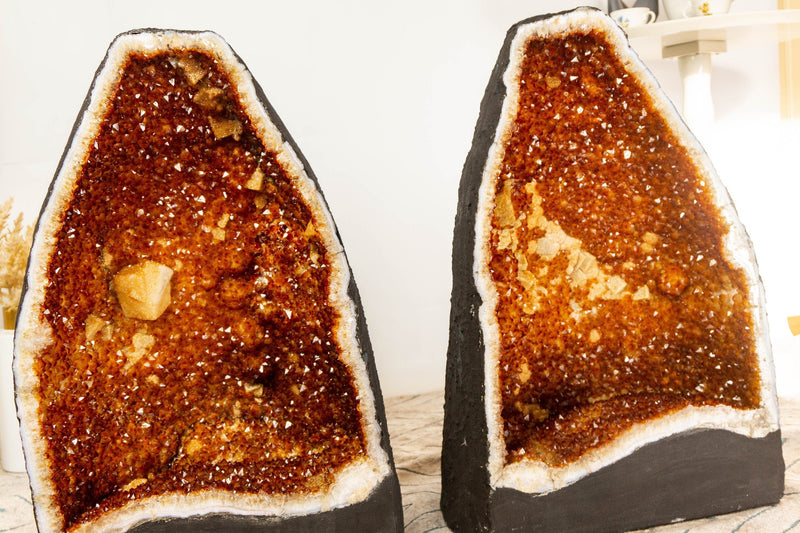Pair of Book-Matching Citrine Geodes with sparkly Orange Citrine and Calcite, Citrine Cathedrals 24 In, 116 Kg - 255 lb - E2D Crystals & Minerals
