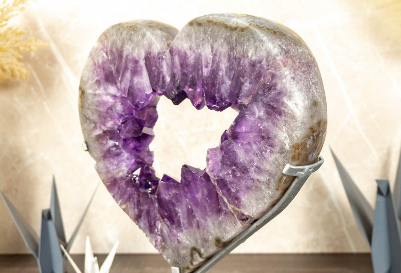 X Large Amethyst Heart with Deep Purple Druzy on Stand