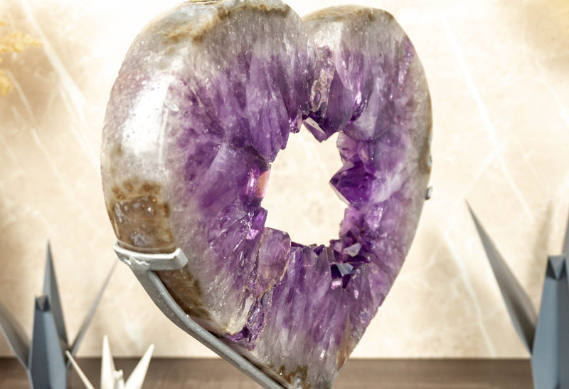 X Large Amethyst Heart with Deep Purple Druzy on Stand