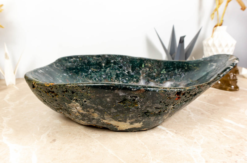 Hand Carved Large Green Jasper Bowl, Counter Top Sink