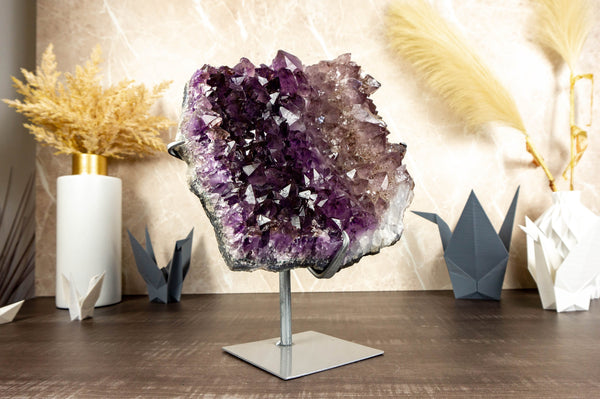 Tricolor Amethyst Cluster with Large Purple and Smoky Amethyst Druzy on Stand