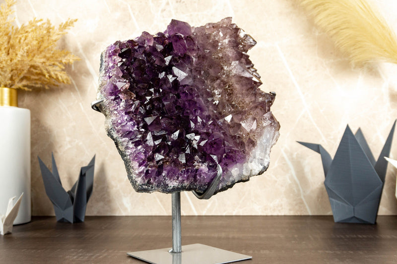 Tricolor Amethyst Cluster with Large Purple and Smoky Amethyst Druzy on Stand