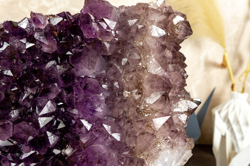 Tricolor Amethyst Cluster with Large Purple and Smoky Amethyst Druzy on Stand