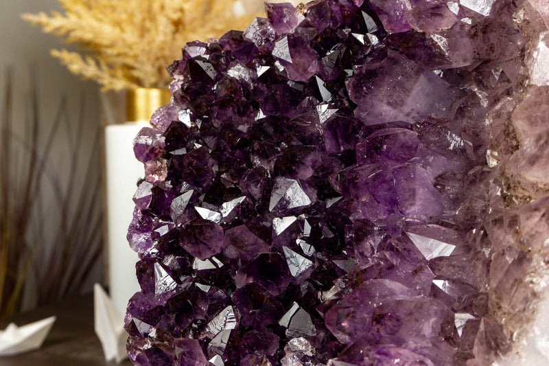 Tricolor Amethyst Cluster with Large Purple and Smoky Amethyst Druzy on Stand
