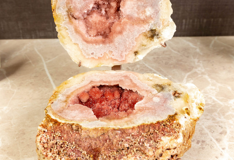 All Natural Red and Pink Amethyst Small Geode on Stand with Galaxy (Sugar Coat) Druzy